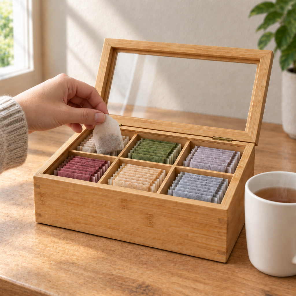 Sacando un saquito de té de la caja de bambú