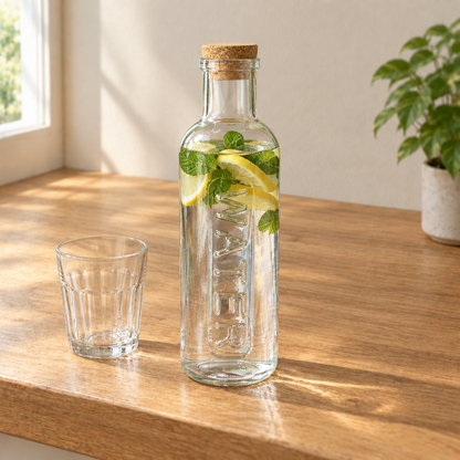 Botella de vidrio Water con corcho sobre una mesada de roble
