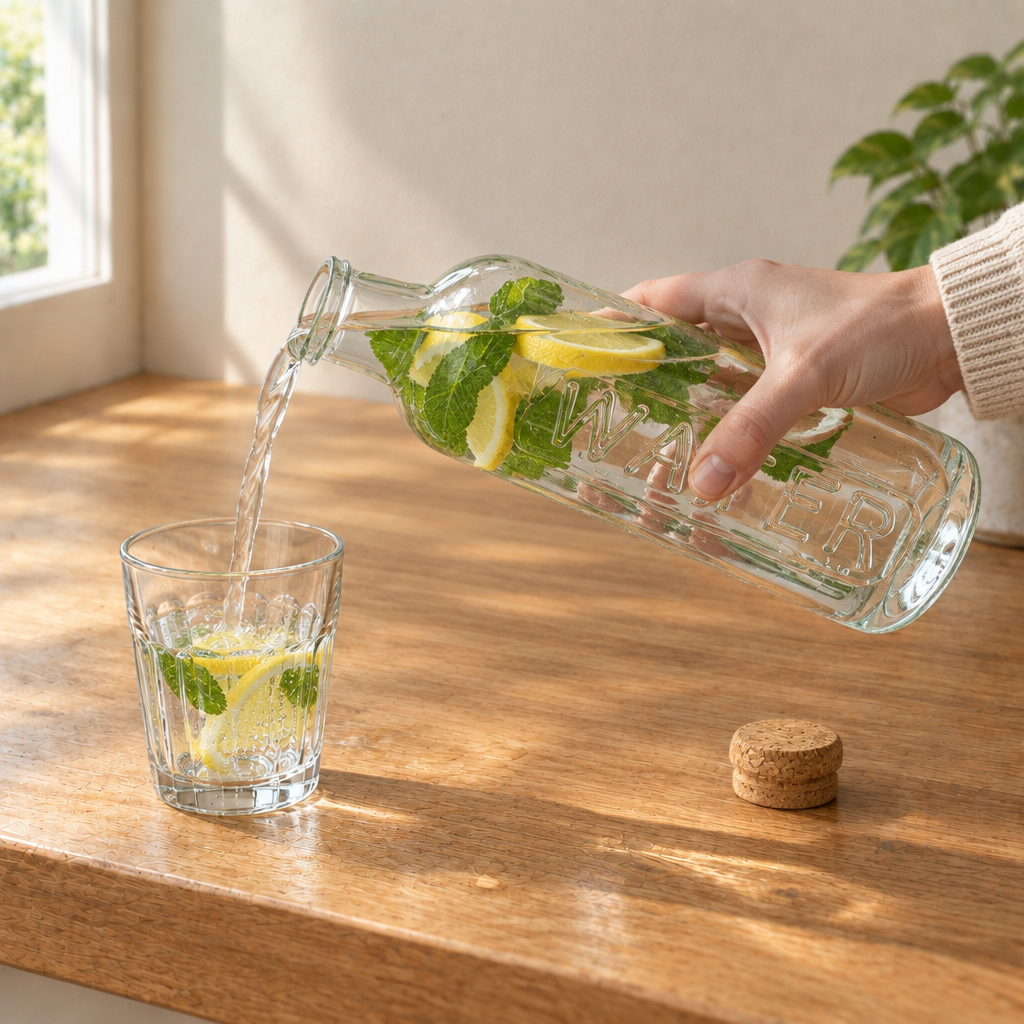 Sirviendo agua con limón y menta desde la botella