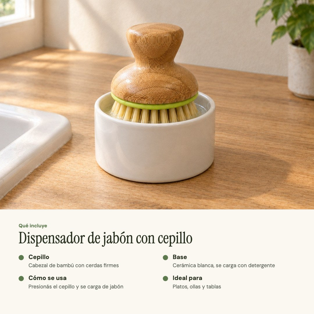 Qué incluye el dispensador de jabón con cepillo
