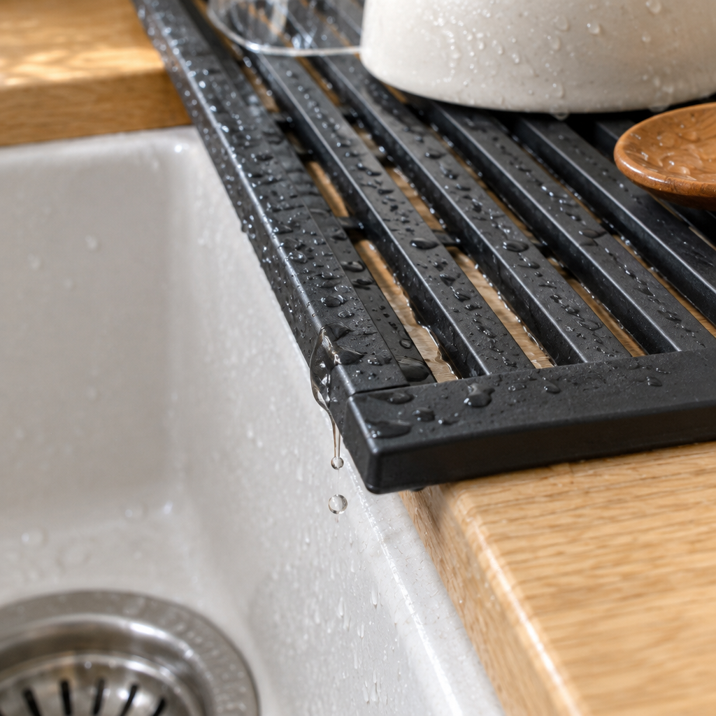 Detalle de la rejilla con gotas de agua