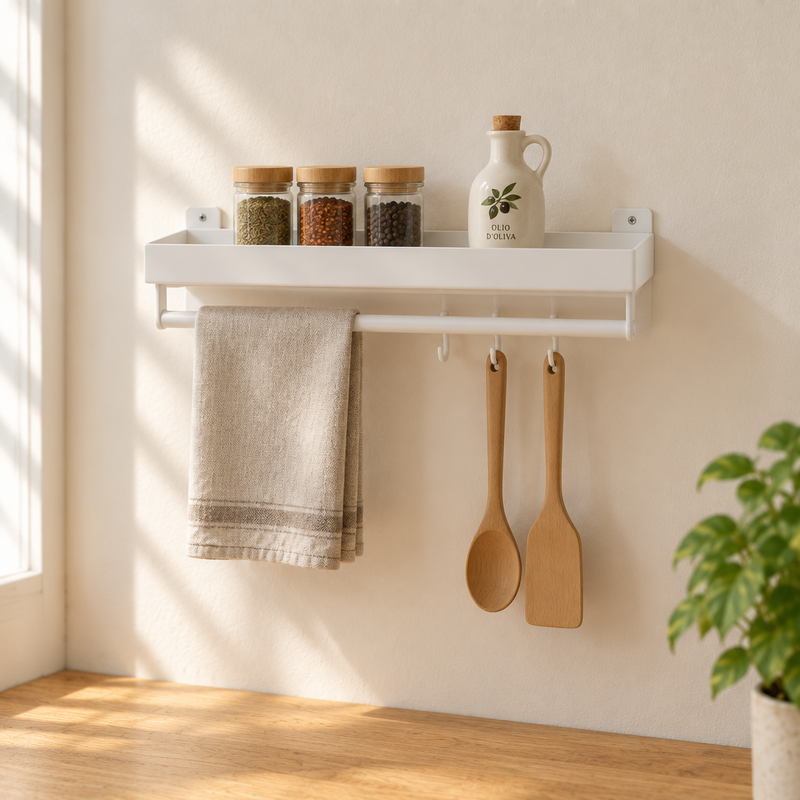 Estante de pared 50 cm sin agujeros, con barra y ganchos