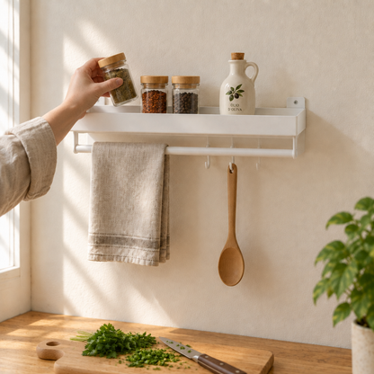 Estante de pared en uso mientras se cocina