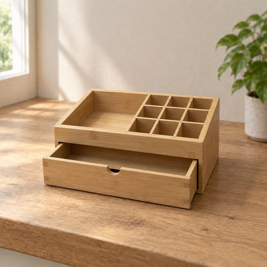 Organizador de bambú con cajón sobre una mesada de roble