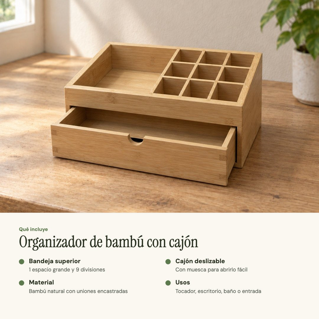 Organizador de bambú con cajón y 9 divisiones en uso