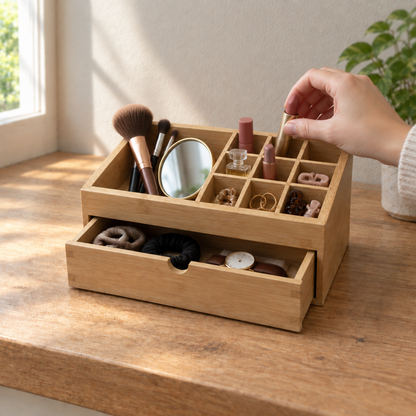 Organizador de bambú en uso con maquillaje y accesorios