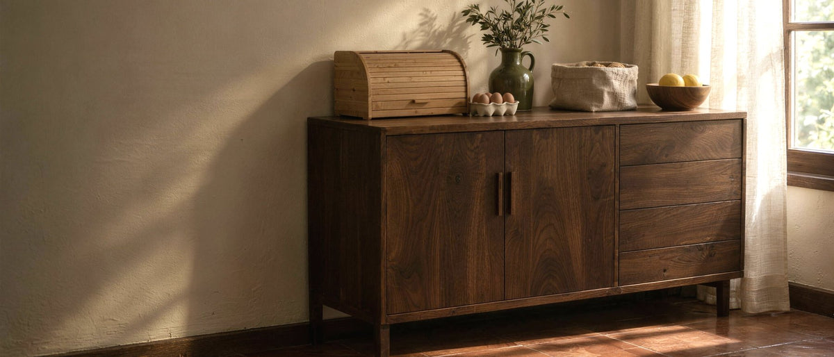 Cómoda de madera restaurada con panera de bambú, huevera de cerámica y organizadores, junto a un piso sellado