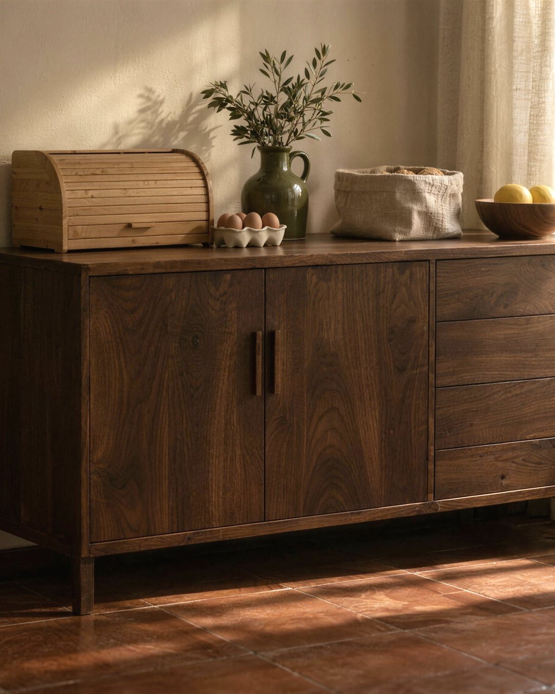 Cómoda de madera restaurada con panera de bambú, huevera de cerámica y organizadores
