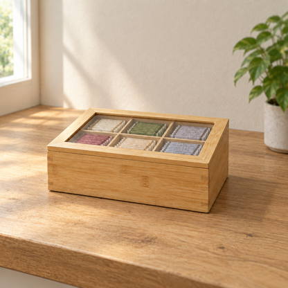 Caja de bambú para té con visor sobre una mesada de roble