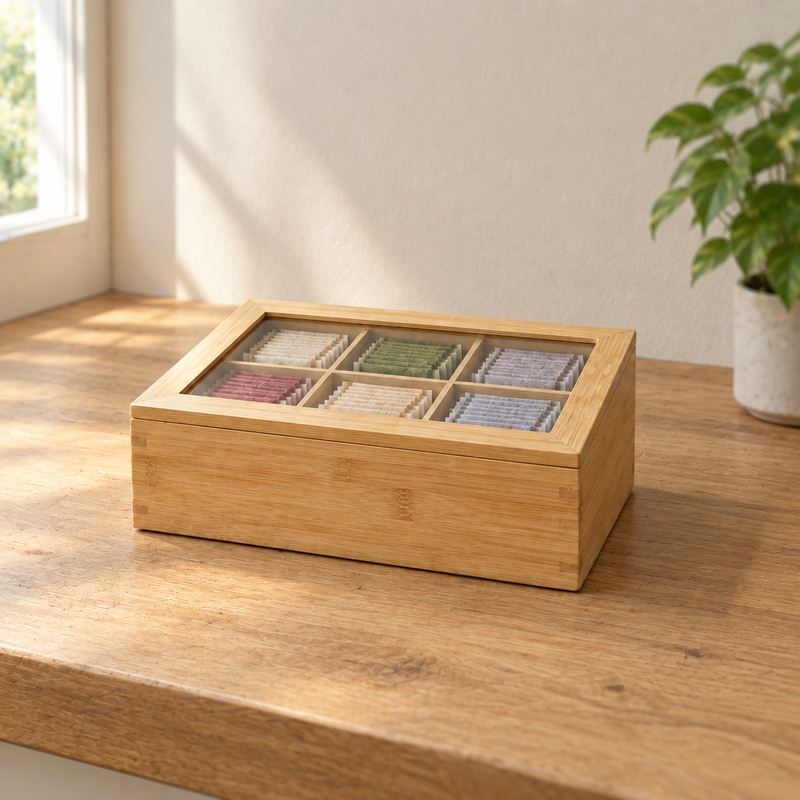 Caja de bambú para té con visor, 6 divisiones