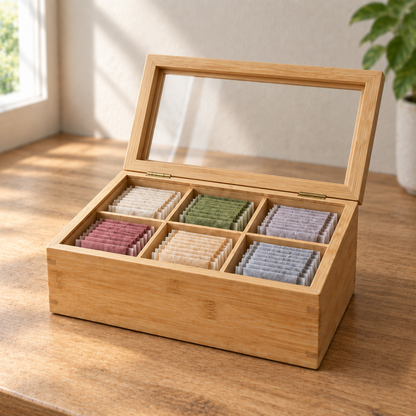 Caja para té abierta con sus 6 divisiones